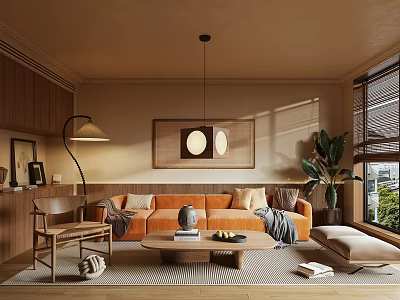 Warm Modern Living Room Interior With Orange Sofa Wooden Coffee Table And Pendant Light 3d model