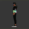 Character in Black Hoodie and Pants with Colorful Creature Art Reflective Glasses and Black Shoes