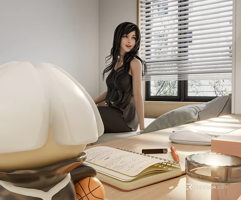 Tatami Bedroom Interior Design With Window Blinds Notebook Pen Basketball And Lamp 3d model 