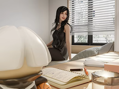 Tatami Bedroom Interior Design With Window Blinds Notebook Pen Basketball And Lamp 3d model