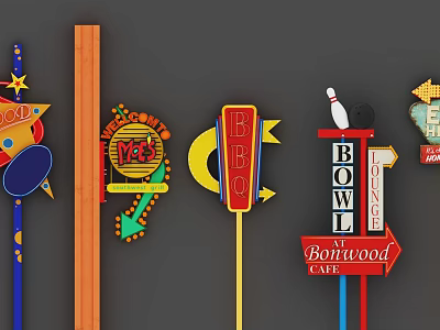 Vibrant Traffic Signs Featuring BBQ BOWL Cafe Texts Arrows Stars And Bowling Elements 3d model