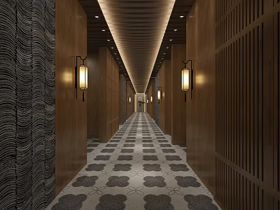 Aisle Chinese Light Chinese Tile Pattern Low Carbon Sauna Board Top Entrance Green Planting 3d model