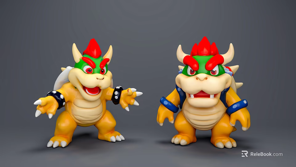 Super Mario Bowser Action Figures With Red Horns Spiked Shells Green Eyes And Blue Wristbands 3d model 