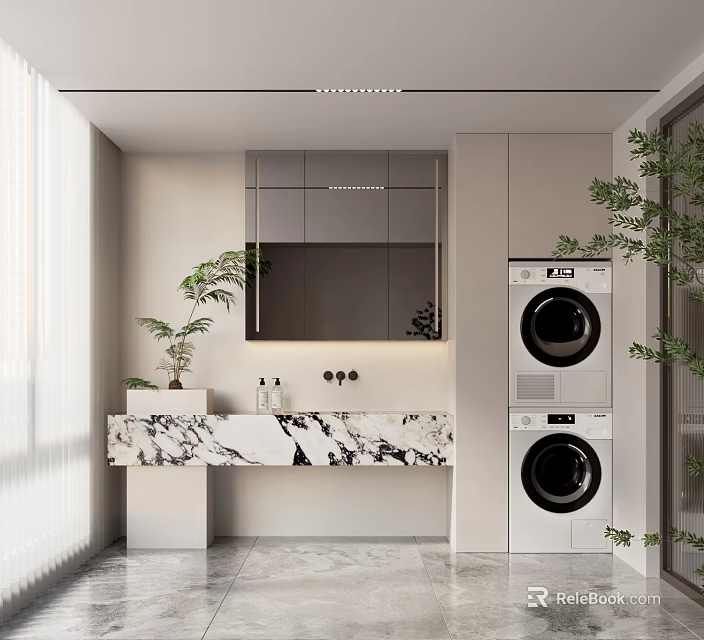 Modern Bathroom Interior With Marble Counter Mirror Cabinets And Washing Machine Dryer Plants 3d model 