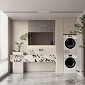 Modern Bathroom Interior With Marble Counter Mirror Cabinets And Washing Machine Dryer Plants