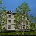 Chinese Style Detached Villa Exterior Design With Three Story Structure Illuminated Windows And Greenery Surroundings