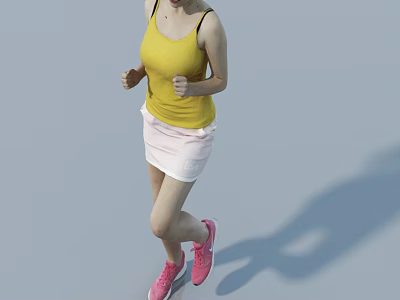 Woman Running In Yellow Tank Top White Skirt And Pink Sneakers On Light Blue Background 3d model