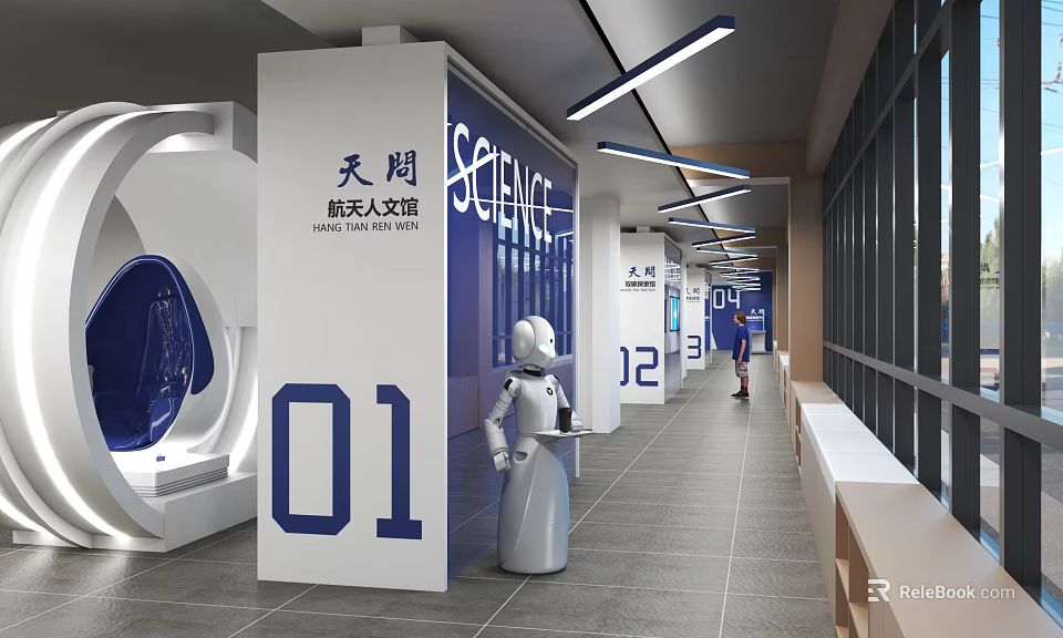 Modern Tech Elevator Corridor in Tianlang Aerospace Lab With Robot Numbered Signs And Researchers Walking 3d model 