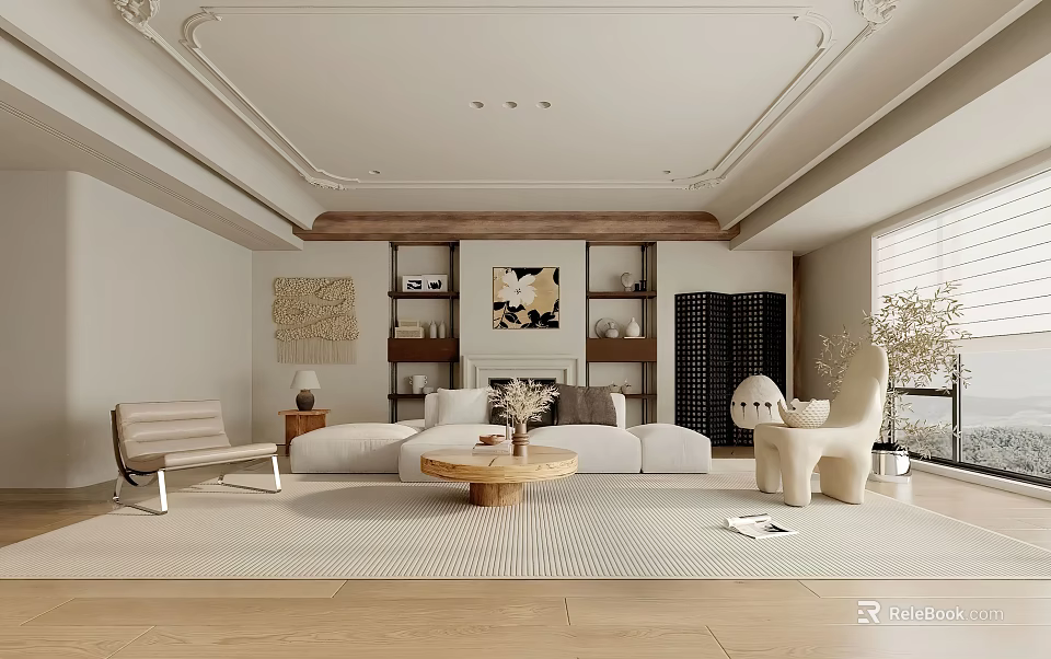 Elegant Modern Living Room Interior With White Sofa Coffee Table Area Rug And Wall Art 3d model 