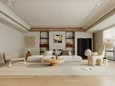 Elegant Modern Living Room Interior With White Sofa Coffee Table Area Rug And Wall Art 3d model