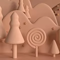 Cartoon Scene With Pastel Pink Hills Trees Lollipops And Mushroom Shapes