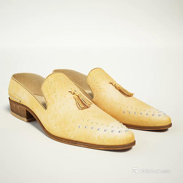 Yellow Leather Mules With Tassel Detail And Studded Toe On Wooden Sole 3d model 
