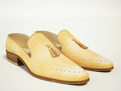 Yellow Leather Mules With Tassel Detail And Studded Toe On Wooden Sole 3d model