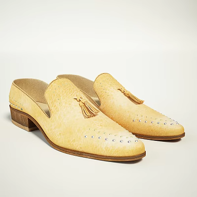 Yellow Leather Mules With Tassel Detail And Studded Toe On Wooden Sole 3d model