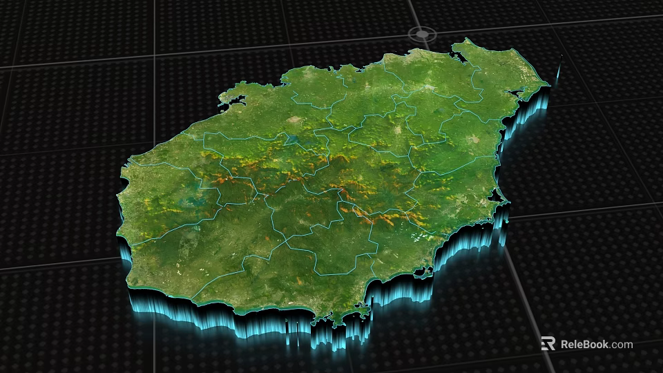 3D Geographical Map With Green Terrain Blue Contour Lines And Grid Background 3d model 