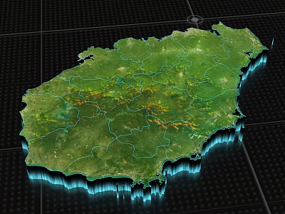 3D Geographical Map With Green Terrain Blue Contour Lines And Grid Background 3d model