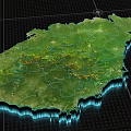 3D Geographical Map With Green Terrain Blue Contour Lines And Grid Background
