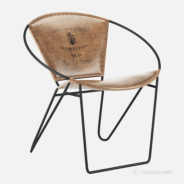 Vintage Style Leisure Chair With Leather Seat Black Metal Frame And Text Pattern 3d model 