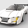 White Streamlined Sports Car Built with Building Blocks Featuring Yellow Headlights Black Roof and Spoiler