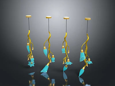 Modern Pendant Lights With Golden Curved Frames And Blue Petal Shaped Accents 3d model