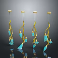 Modern Pendant Lights With Golden Curved Frames And Blue Petal Shaped Accents