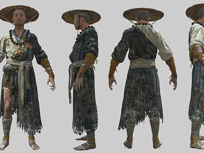 Vintage Style Traditional Costume Bamboo Hat Figure Sculptures Decorative Ornament Set For Home Decoration 3d model