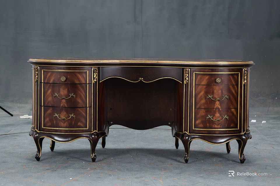 Elegant Vintage Dark Wood Writing Desk Featuring Gold Accents Carved Legs And Drawers 3d model 