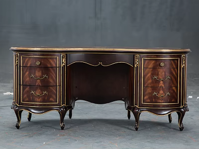 Elegant Vintage Dark Wood Writing Desk Featuring Gold Accents Carved Legs And Drawers 3d model