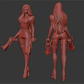 Fictional Character With Pink Long Hair Blue And White Outfit Front Back Views Holding Weapons