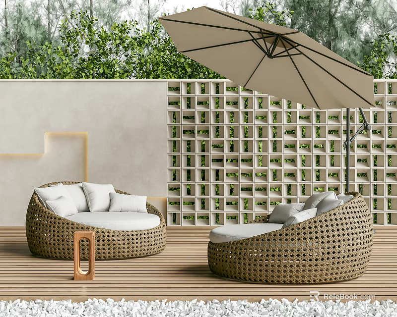 Outdoor Wicker Sofa with Curved Design Green Plants Umbrella and Cushions on Wooden Patio 3d model 