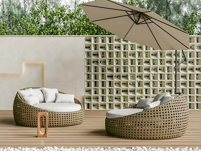 Outdoor Wicker Sofa with Curved Design Green Plants Umbrella and Cushions on Wooden Patio 3d model