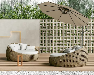 Outdoor Wicker Sofa with Curved Design Green Plants Umbrella and Cushions on Wooden Patio 3d model