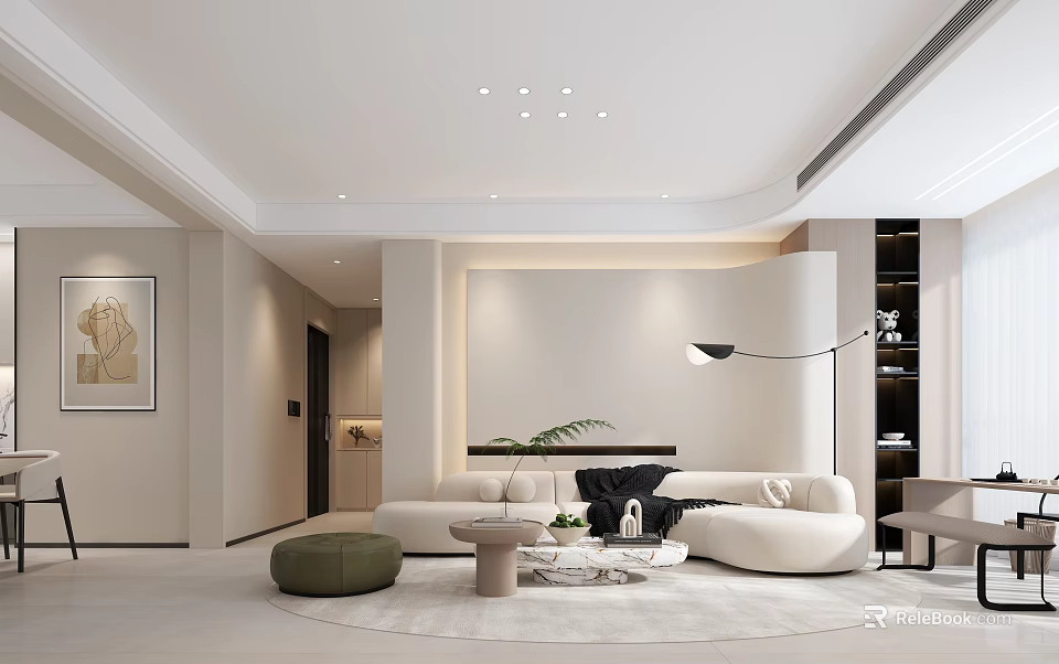 Modern Living Room Interior With White Sofa Floor Lamp Green Plant And Round Rug 3d model 