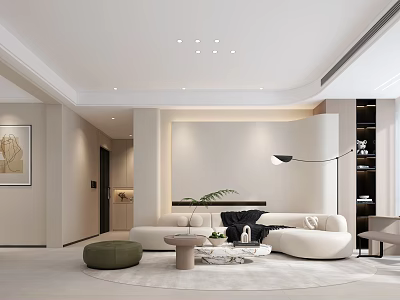 Modern Living Room Interior With White Sofa Floor Lamp Green Plant And Round Rug 3d model