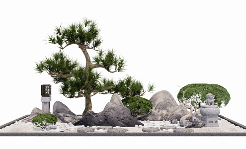 Chinese style courtyard landscape sketch interior landscaping sketch green planting rockery stone modeling tree 3d model