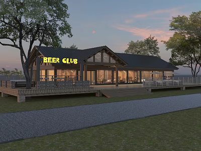 Rustic Beer Club Guesthouse Building With Wooden Platform And Large Windows At Dusk 3d model