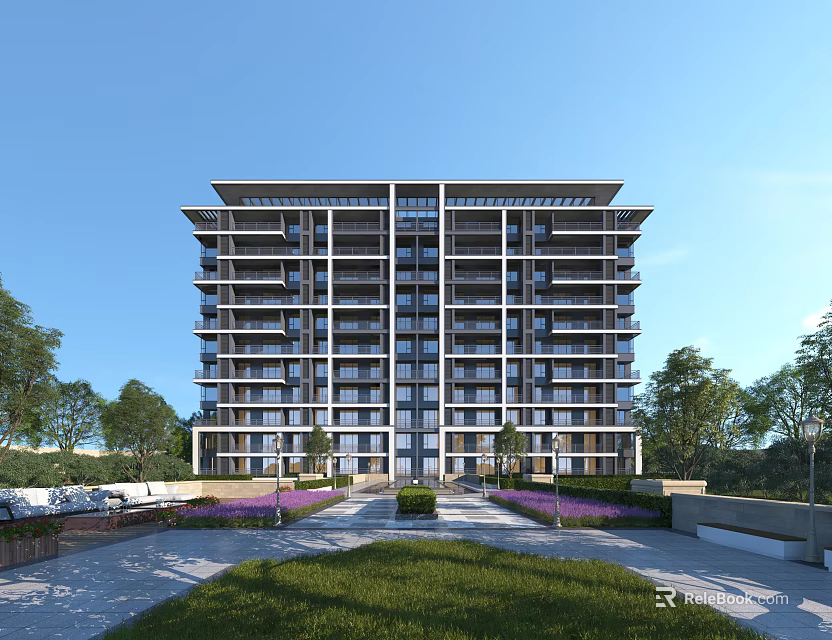 Modern Apartment Building With Lush Greenery Well Maintained Lawn Trees And Purple Flowers 3d model 