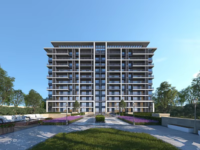 Modern Apartment Building With Lush Greenery Well Maintained Lawn Trees And Purple Flowers 3d model