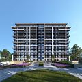 Modern Apartment Building With Lush Greenery Well Maintained Lawn Trees And Purple Flowers