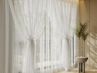 White Sheer Curtains Enhancing Bright Window with Natural Light and Potted Plant 3d model