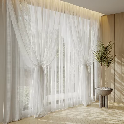 White Sheer Curtains Enhancing Bright Window with Natural Light and Potted Plant 3d model