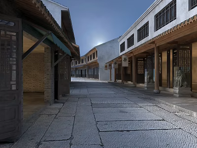 Historic Commercial Street With Traditional Architecture Stone Paved Path And Wooden Shop Fronts 3d model