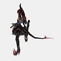 Gothic Style Game Character With Red Hair Horns Black And Red Outfit And Long Spear