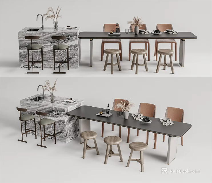 Modern Dining Table Set With Wooden Chairs And Marble Counter Stools 3d model