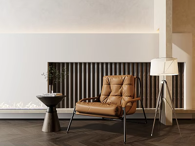 Modern Brown Leather Single Sofa With Side Table Floor Lamp And Fireplace Decor 3d model