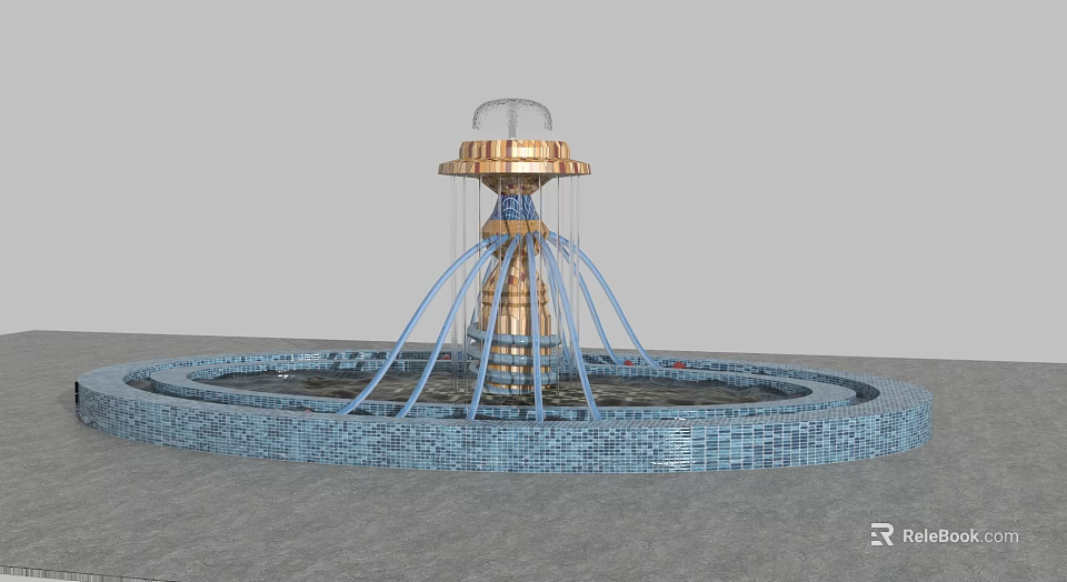 Decorative Garden Fountain With Circular Blue Tile Pool And Tiered Gold Ornamental Structure 3d model 