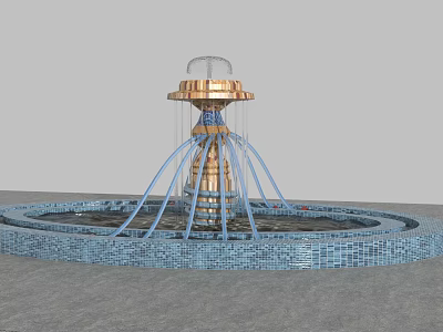 Decorative Garden Fountain With Circular Blue Tile Pool And Tiered Gold Ornamental Structure 3d model