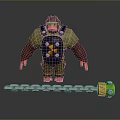 Muscular Gorilla in yellow shirt green goggles black backpack with radiation symbol and chain weight