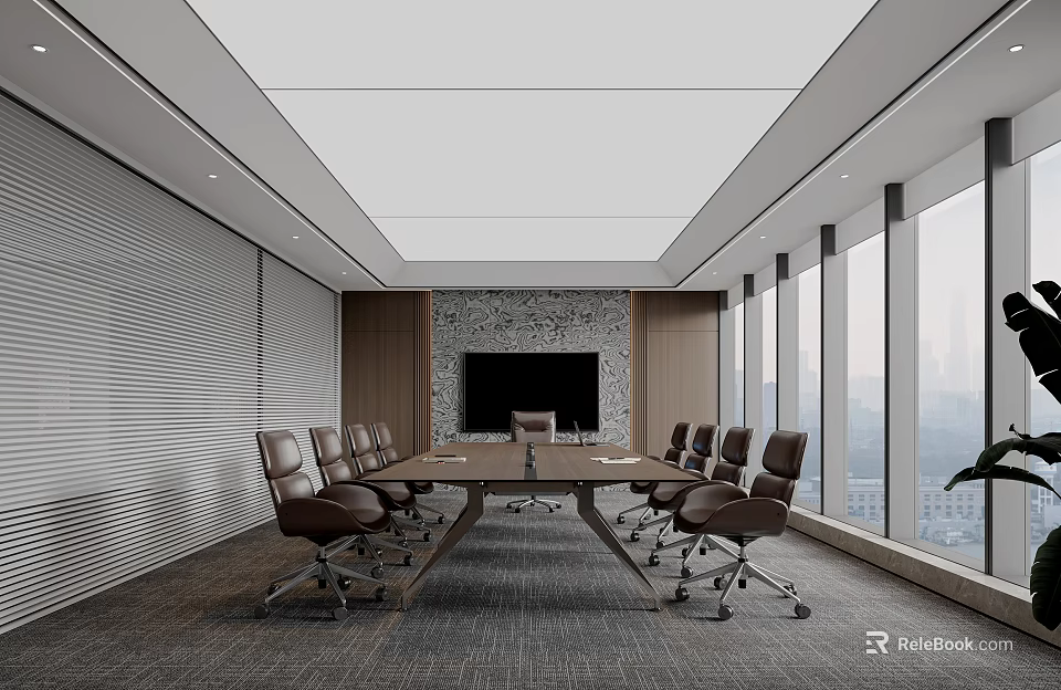 Modern Conference Room Interior With Large Table Brown Chairs Floor To Ceiling Windows And TV 3d model 