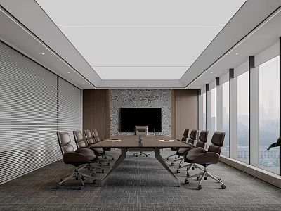 Modern Conference Room Interior With Large Table Brown Chairs Floor To Ceiling Windows And TV 3d model
